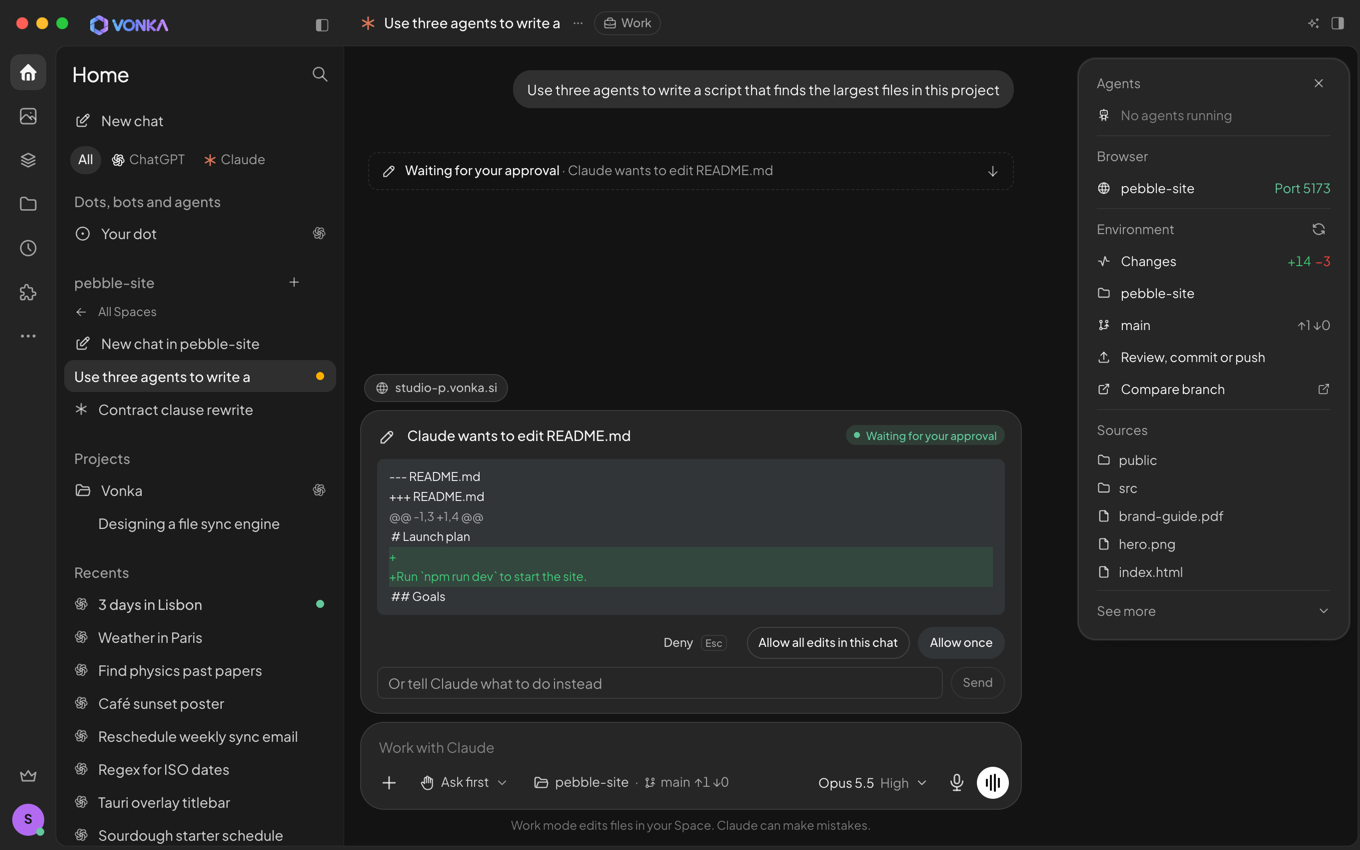 Claude in Work mode asking for approval before editing README.md, with Deny, Allow all edits in this chat and Allow once buttons, beside the chat’s sidebar with its preview, changes and files