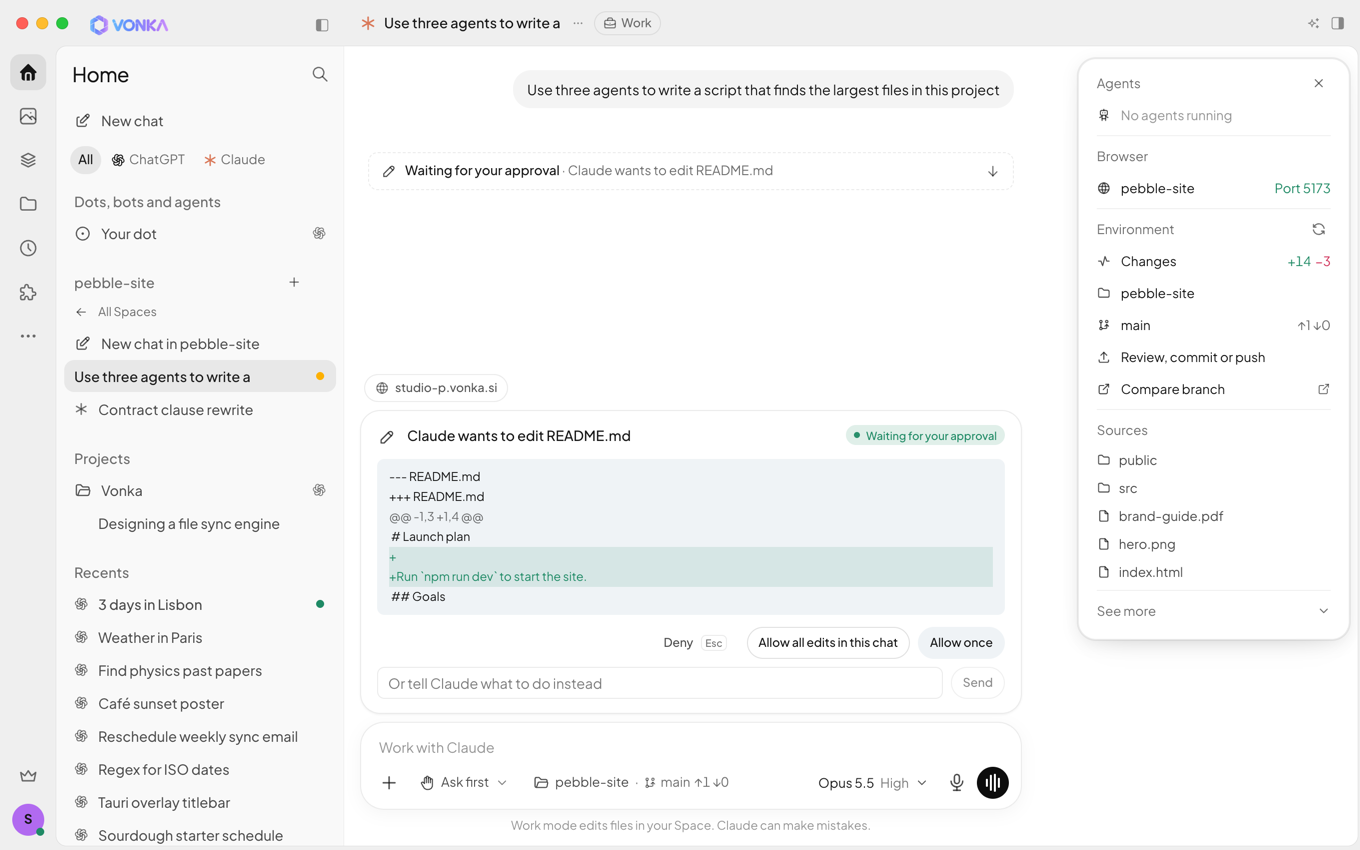 Claude in Work mode asking for approval before editing README.md, with Deny, Allow all edits in this chat and Allow once buttons, beside the chat’s sidebar with its preview, changes and files