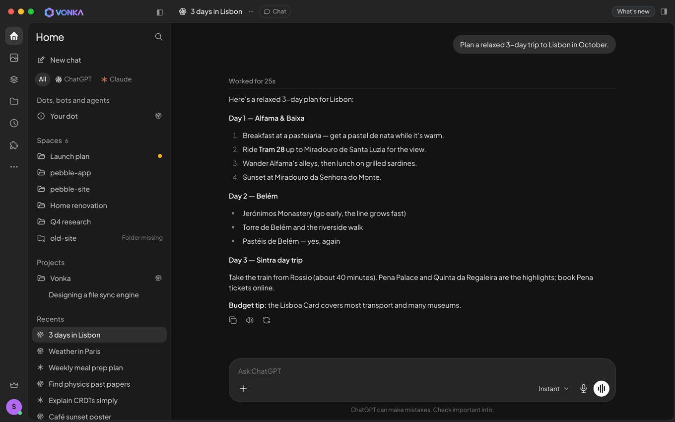 The Vonka app on a Mac showing a ChatGPT conversation that plans three days in Lisbon, with Spaces, projects and recent ChatGPT and Claude chats in the sidebar