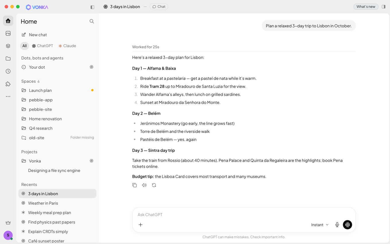 The Vonka app on a Mac showing a ChatGPT conversation that plans three days in Lisbon, with Spaces, projects and recent ChatGPT and Claude chats in the sidebar