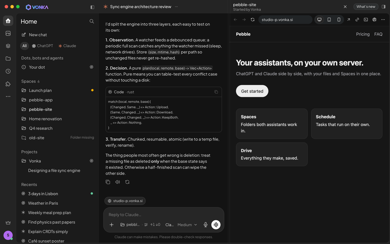 A Claude conversation in a Space next to a live preview of the website being built, served from the server