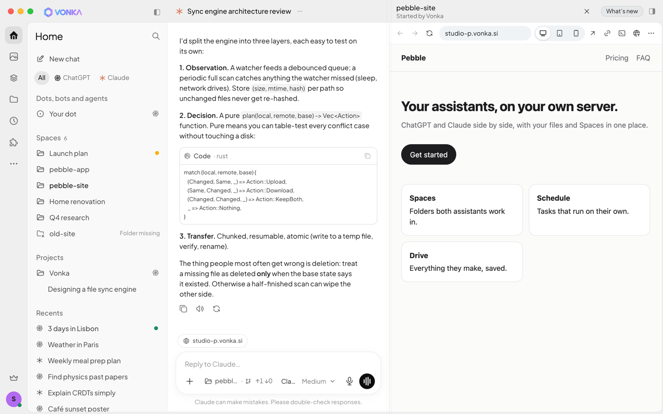 A Claude conversation in a Space next to a live preview of the website being built, served from the server