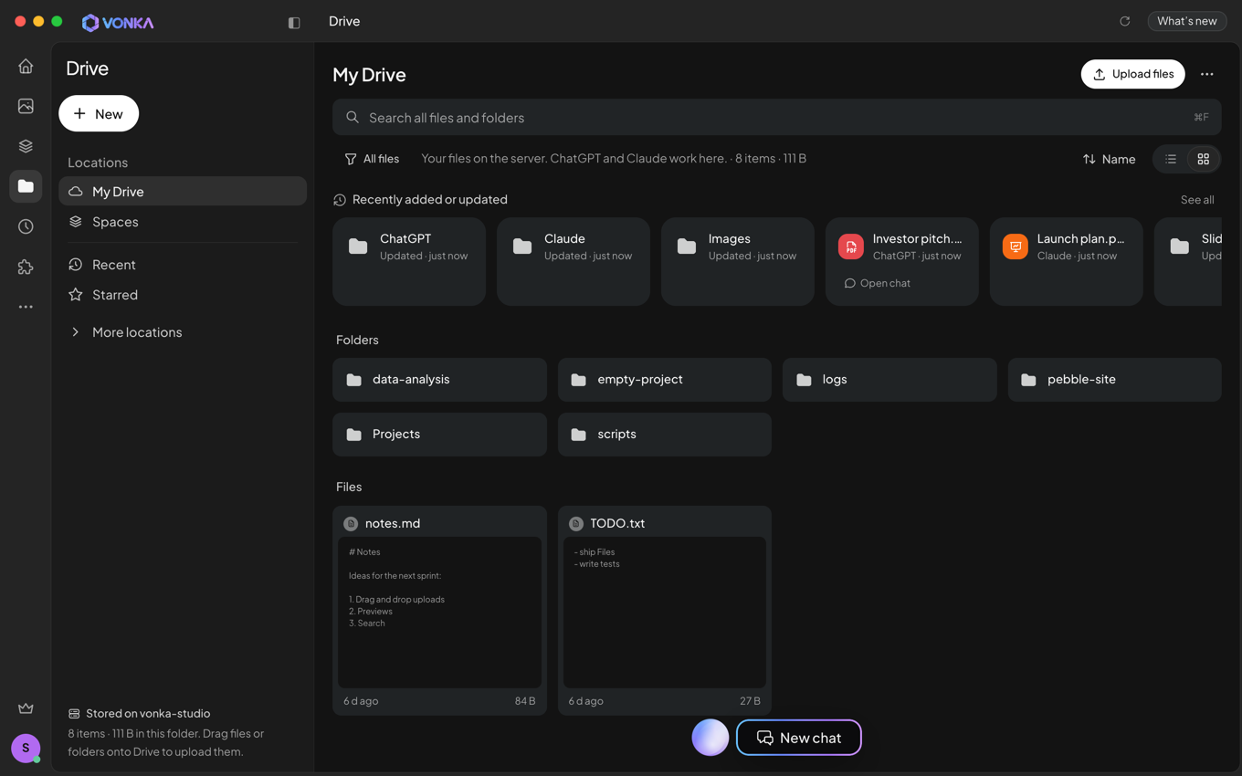 Vonka Drive with recent files from ChatGPT and Claude chats, folders and files stored on the server