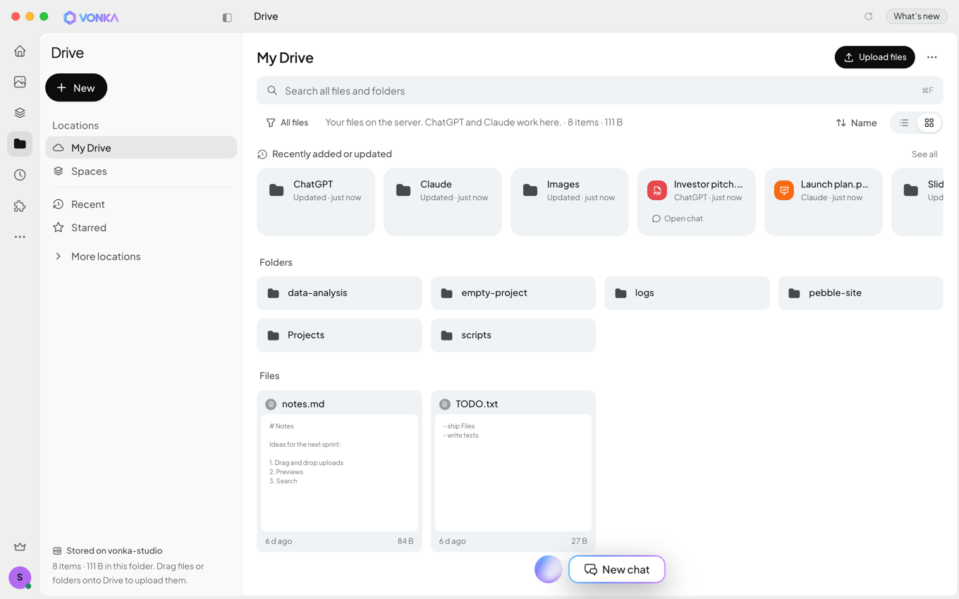 Vonka Drive with recent files from ChatGPT and Claude chats, folders and files stored on the server