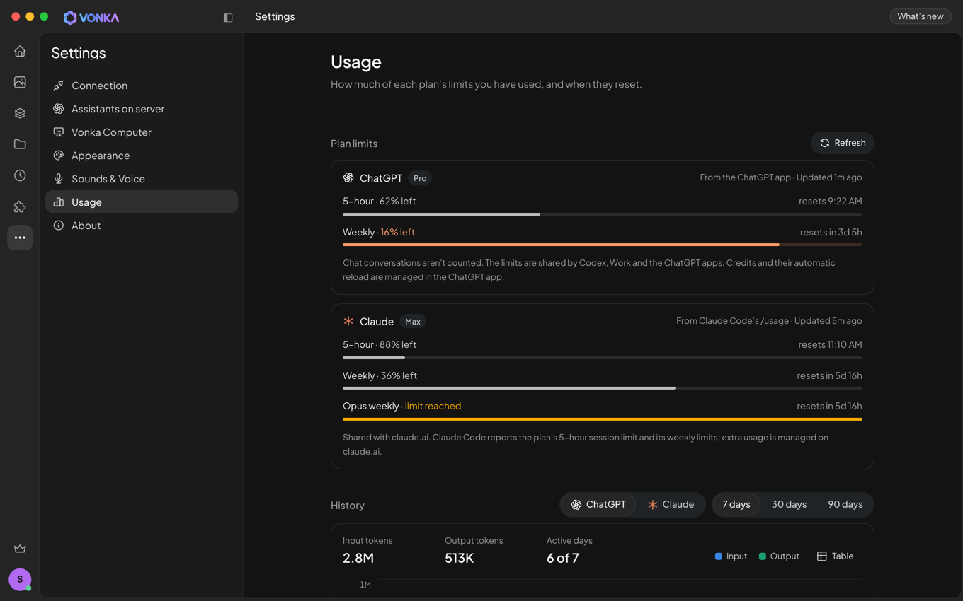 Settings, Usage: how much of the ChatGPT and Claude plan limits is left and when they reset