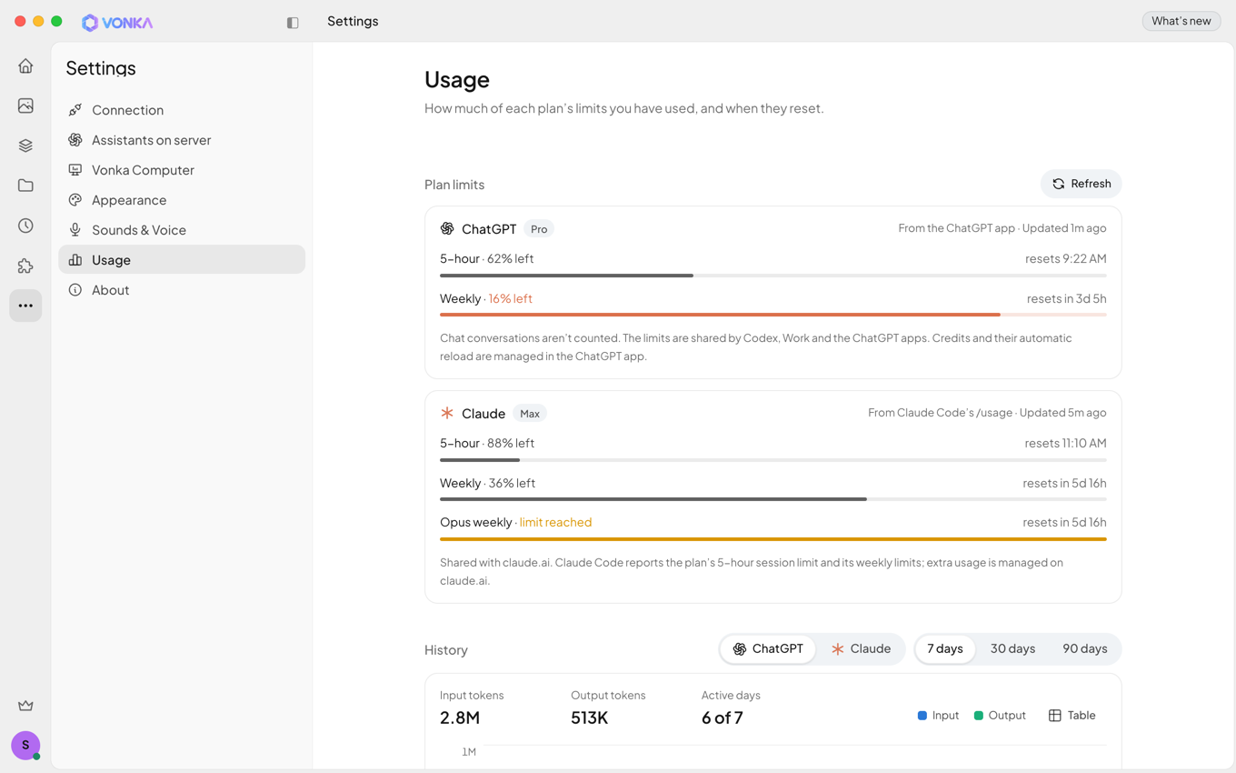 Settings, Usage: how much of the ChatGPT and Claude plan limits is left and when they reset