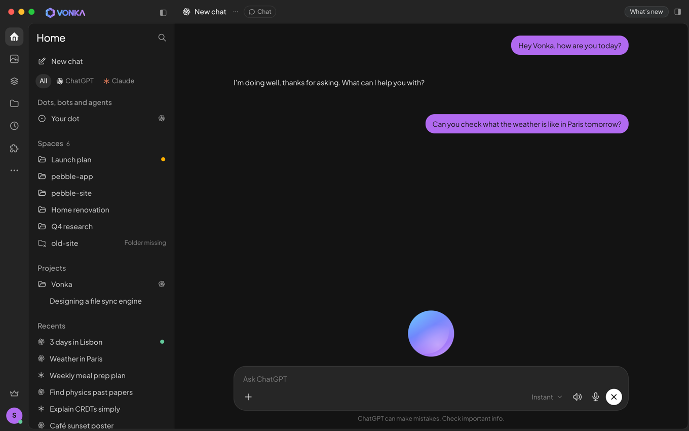 A voice conversation in Vonka: the animated orb above the composer and the spoken requests shown as purple messages