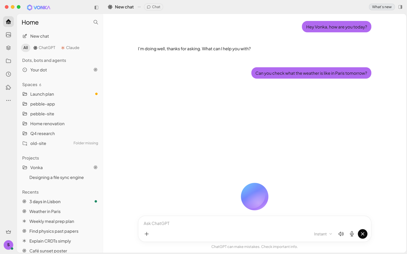 A voice conversation in Vonka: the animated orb above the composer and the spoken requests shown as purple messages
